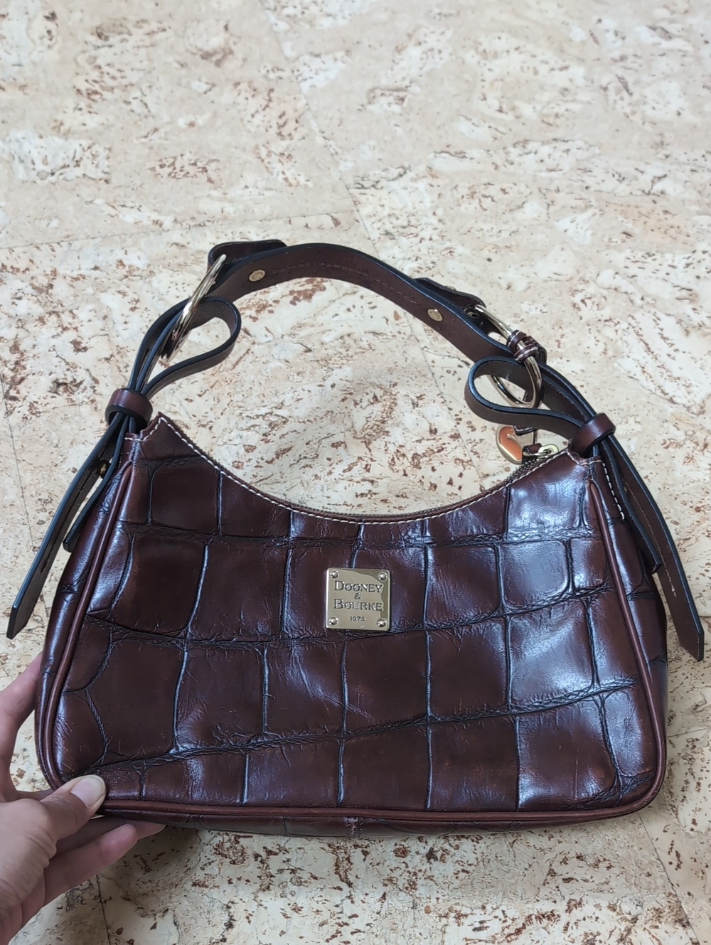 Dooney & Bourke Dark Brown Croc-Embossed Leather Shoulder Bag